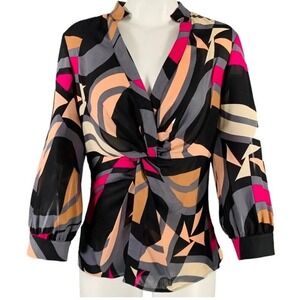 DIANE VON FURSTENBERG Nadina Multi Silk‎ Twist Knot V-Neck Blouse Top 6 DVF